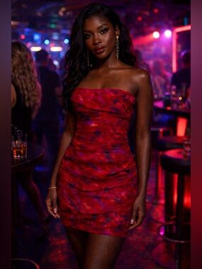 Kismet Ruched Red Hues Strapless Mini Dress Elegant Party Wedding Valentines Day